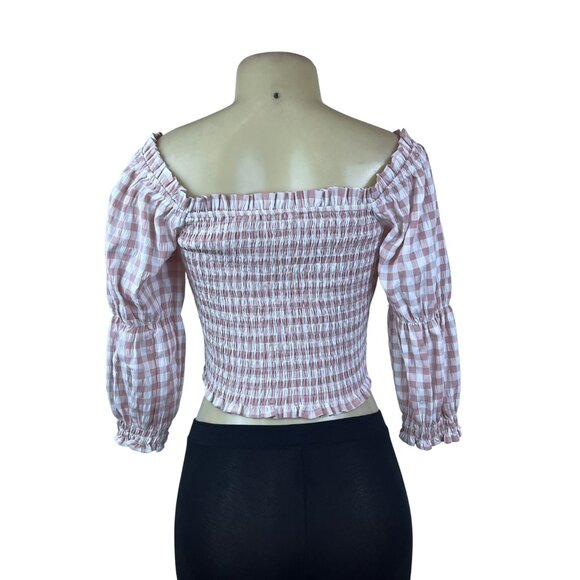 Mi Ami Women Pink Plaid Off-Shoulder Smocked Crop Top Sz M - Picture 2 of 8